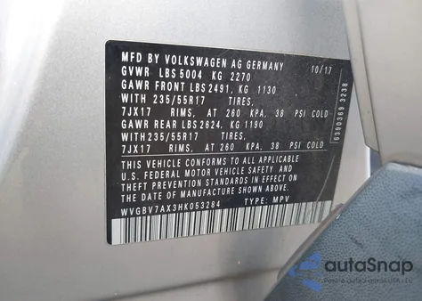 2017 Volkswagen Tiguan 2.0T/2.0T S из США, поврежденный, VIN WVGBV7AX3HK053284